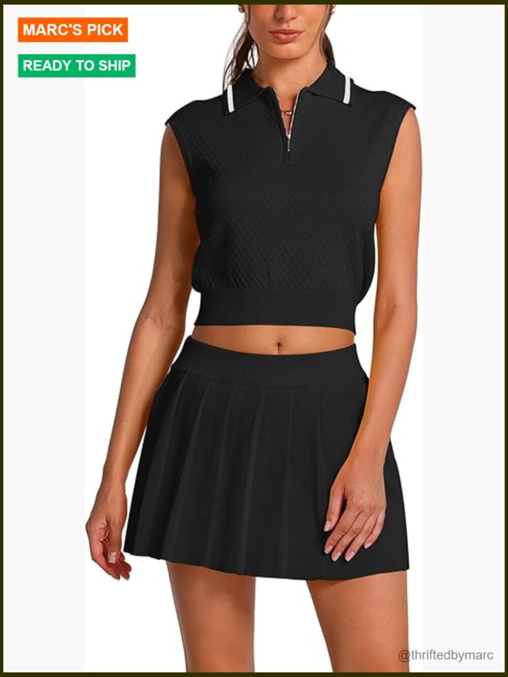 Vintage Preppy Knit Skirt Set Half Zip Tank Top Pleated Skorts Activewear
